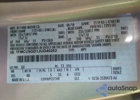 2018 Ford Escape Se from USA, damaged, VIN 1FMCU9GD1JUD40262